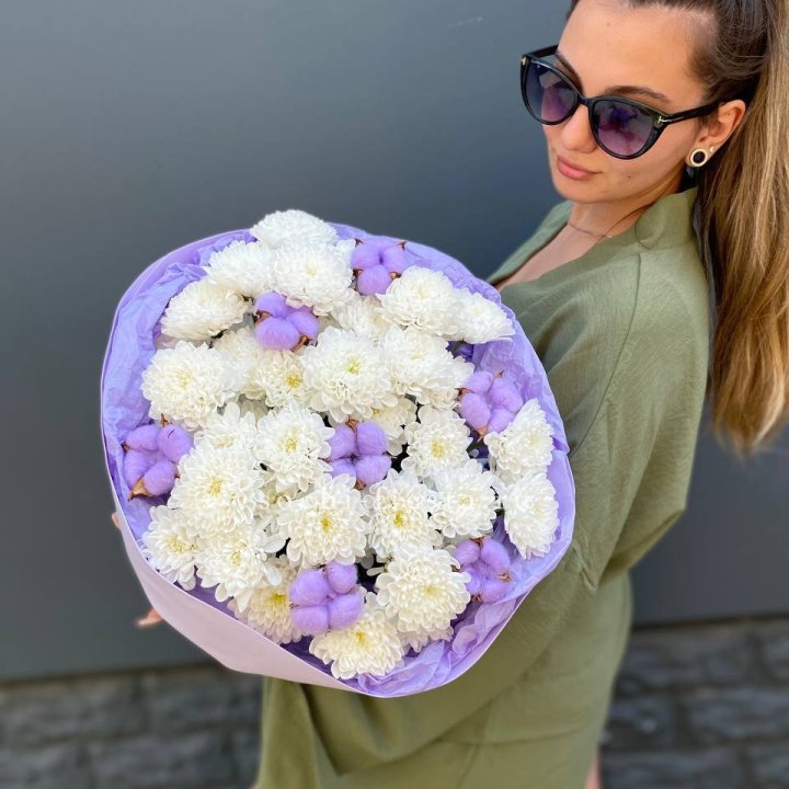  Букет  хризантем и хлопка в Шахтах